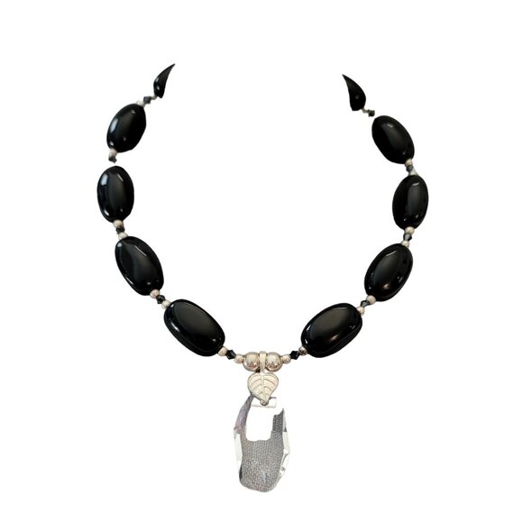 Sterling Silver Black Onyx Clear Geometrical Crystal Pendant Necklace E872 - Picture 6 of 16